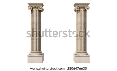 Two classical ionic stone columns with fluted shafts and square pedestals
