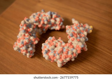 two clay models of protein structures on a desk from the side