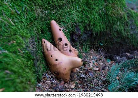 Two clay wind musical instruments ocarinas in the forest against the background of soil, strewn with spruce needles and branches,   and the mossy foot of a tree