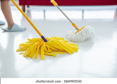 Two Cleaners With Mop Cleaning Marble Floor Outdoors. Cleaning Service.
