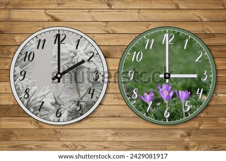 Two clocks: one represents winter and shows 02:00, the other represents spring and shows 03:00. Transition of time, the change to daylight saving time, the shift to summer time, the hands move forward