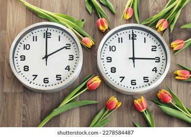 Two clocks, one showing two o'clock, the other showing three o'clock. Tulips around the second one. Time change symbol. Daylight saving time. Moving the hands forward from 2 a.m. to 3 a.m.