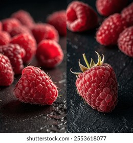 Two close up pictures of red raspberries. The first picture shows a bunch of raspberries on a black surface. The second picture shows a single red raspberry on a black surface - Powered by Shutterstock