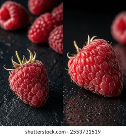 Two close up pictures of a red raspberry. The first picture is of a single raspberry on a black surface. The raspberry is the main focus of both pictures - Powered by Shutterstock