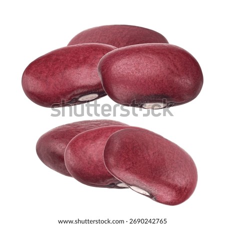 Two clusters of raw, dark red kidney beans scattered and isolated against a clean white background, emphasizing healthy legumes photograph.