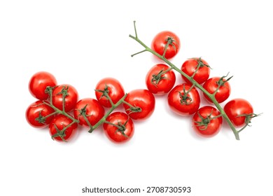 Two clusters of red tomatoes are shown on a white background. The tomatoes are arranged in a way that they are almost touching each other, creating a sense of unity and abundance