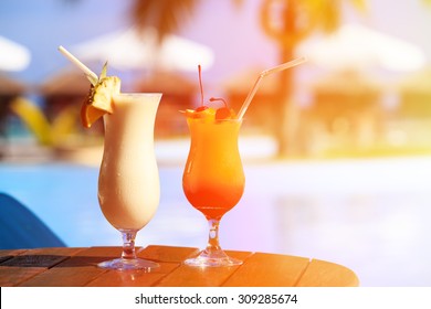 Two Cocktails On Luxury Tropical Beach Resort