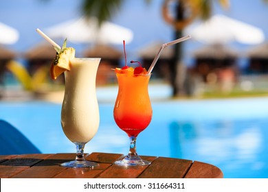 Two cocktails on luxury tropical beach resort
