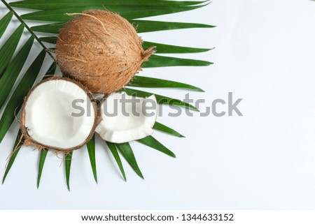 Two coconut one of which split with palm branch on white background