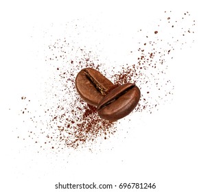 Two coffee beans collide in the air on white background 