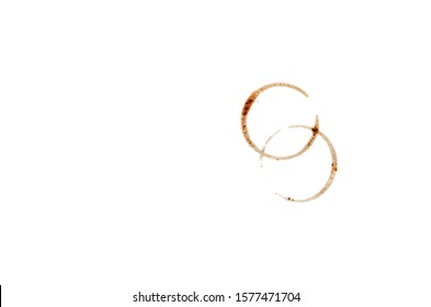 Two Coffee Stain Rings From A Cup On A White Background. Mockup. Top View. Copy Space