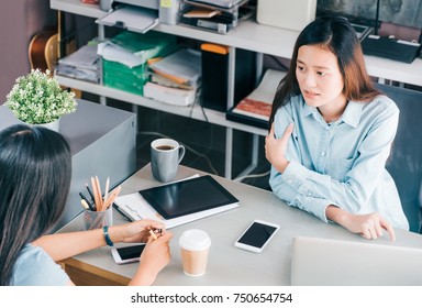 Two Colleagues Causal Meeting At Home Office Desk About Business Planing,business Teamwork,top View Of Asian Work Mate Consulting Together