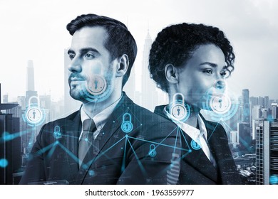 Two Colleagues In Multinational Corporate Team Thinking About Career Opportunities At Cybersecurity Compliance Division To Protect Clients Confidential Information. IT Lock Icons Over Kuala Lumpur.