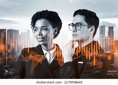 Two Colleagues In Multinational Corporate Team Pondering About Venture Capital And Hi-tech Start Up And Try To Forecast Risks And Estimate Prospective Earning Growth. Hologram Chart On Singapore.