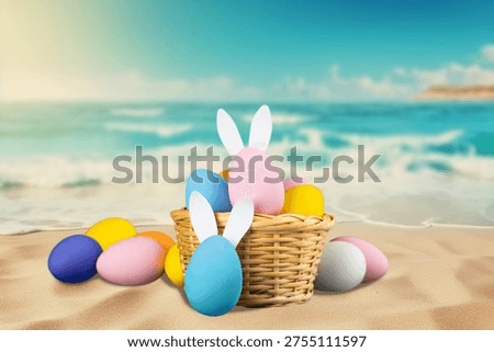 Two colored easter eggs on ocean beach