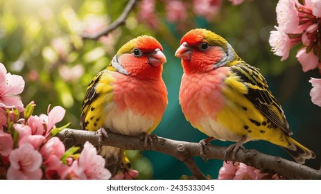 two colorful birds perched on a branch surrounded by pink flowers