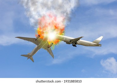 Two commercial passenger aircraft or cargo transportation airplane collision and explosion was on fire or burn down on blue sky