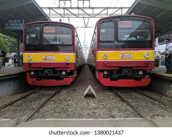 Two Commuter Train Are Loading For Passengers At Bekasi Station On 21 April 2019