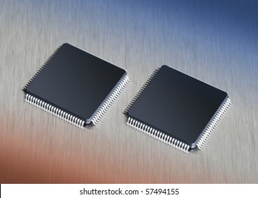 Two computer chips on stainless steel background with blue and orange gradient