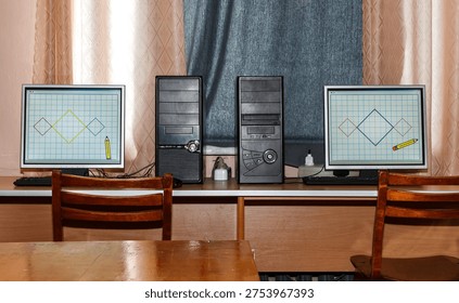 Two computers in a computer room with classic desktop computers
