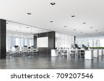 Two conference rooms with glass and dark wooden walls and an open space open office area. A poster. 3d rendering mock up