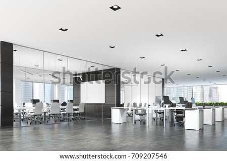 Two conference rooms with glass and dark wooden walls and an open space open office area. A poster. 3d rendering mock up