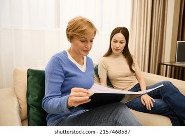 Two Confident Pleasant Women Leafing Through A Catalog While Sitting On A Comfortable Sofa In A Modern Cozy Light Interior Of An Office Building. Business, Communication And Interior Design Concept