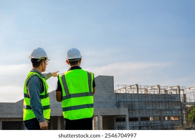 Two construction engineers are planning the construction of a building according to the building plan.