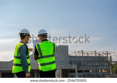 Two construction engineers are planning the construction of a building according to the building plan.