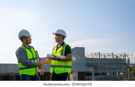 Two construction engineers shook hands, delighted that they had worked together successfully.