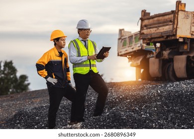 Two construction workers discuss project details on a gravel site during sunset. Their safety gear highlights the importance of teamwork and professionalism in the industry.