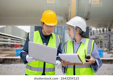 Two construction workers engage in a collaborative effort at a pipeline site, using a laptop and notepad to discuss project details and ensure safety compliance in an industrial setting.