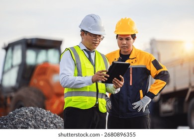 Two construction workers examine plans on a tablet at a building site. Safety gear is worn as they collaborate during the evening hours. Heavy machinery is visible in the background.