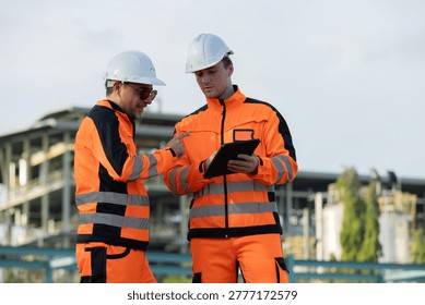 Two construction workers in orange reflective uniforms and white helmets discuss plans on a tablet at a construction site.