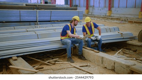 Two construction workers in safety gear review plans on a site holding digital tablet sitting on steel beams, showcasing teamwork and industrial progress. - Powered by Shutterstock