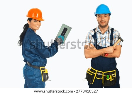 Two construction workers stand side by side against a white background. One holds a trowel, smiling with confidence. The other arms crossed, looks serious and focused. Both wear protective gear
