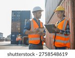 Two construction workers using tablet and clipboard at shipping container siteKeywords (45):