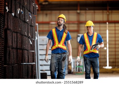 Two construction workers, wearing yellow helmets and reflective vests, collaborate in an industrial setting. They review information on a tablet, emphasizing teamwork, technology, and workplace safety - Powered by Shutterstock