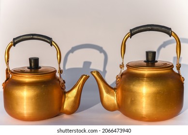 Two Copper desert tea pot, antique metal teapot isolated on white background, antique kettle, golden teapot, metal teapot, Chinese teapot white background, antique metal kettle