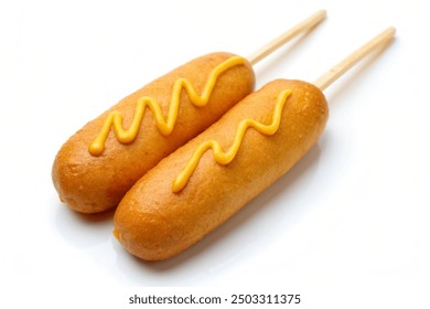 Two corn dogs with mustard isolated on white - Powered by Shutterstock