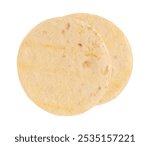 two corn tortillas isolated on white background with clipping path, flat lay, food concept, mexican fast food