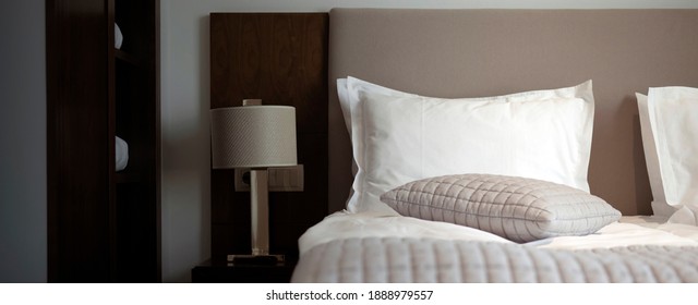 Two Cotton Bed Pillows Selective Focus And Gradient Banner  Comfort Bedroom Isolated Close  up Wide Panorama 