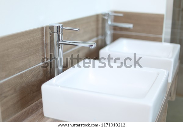 Two Countertop Washbasins Modern Bathroom Depth Royalty Free