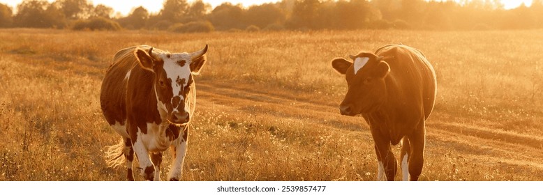 A two cow walks through a field of tall grass at sunset on an agricultural farm. Sustainable farming. - Powered by Shutterstock