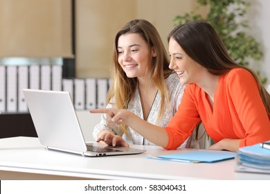 Two Coworkers Working On Line With A Laptop On A Desktop In An Office Interior