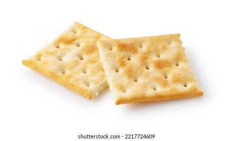Two crackers placed on a white background. 