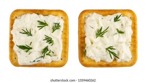 Two Crackers With Soft Cheese And Greens Isolated On White Background. Top View