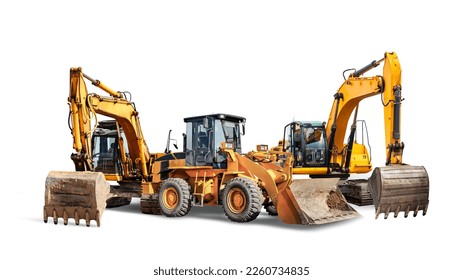 Two crawler excavators and bulldozer loader close-up on a white isolated background.Construction equipment for earthworks. element for design