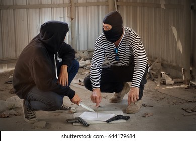 Two Criminals Discussing Robbery Plan.Dangerous Gangster Discuss Plan To Stolen Money From Bank.
