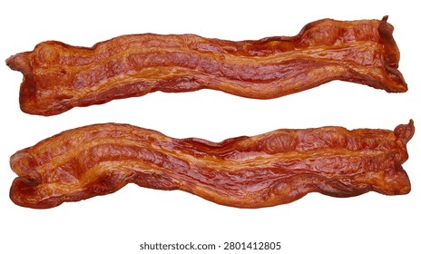 Two crispy fried bacon strips with golden brown texture
